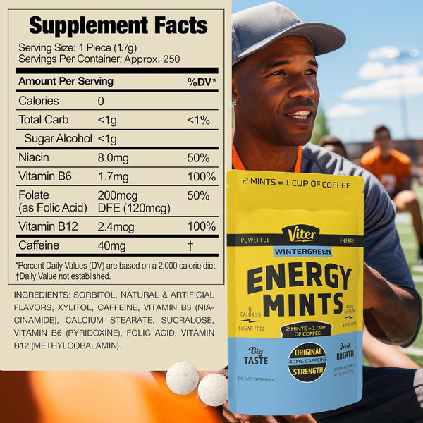 Viter Energy Caffeinated Mints 40Mg Caffeine, B Vitamins, Sugar Free. (Wintergreen, 20Pcs, 6 Pack)