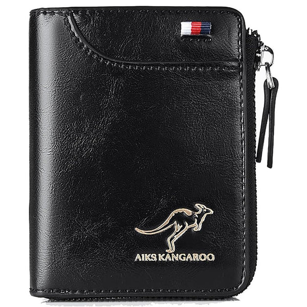 Men Wallet Zipper Genuine Leather Purs, Aiks Kangaroo Wallets, PU Stylish Soft Simple Design RFID Protected Wallet (Retro Black)