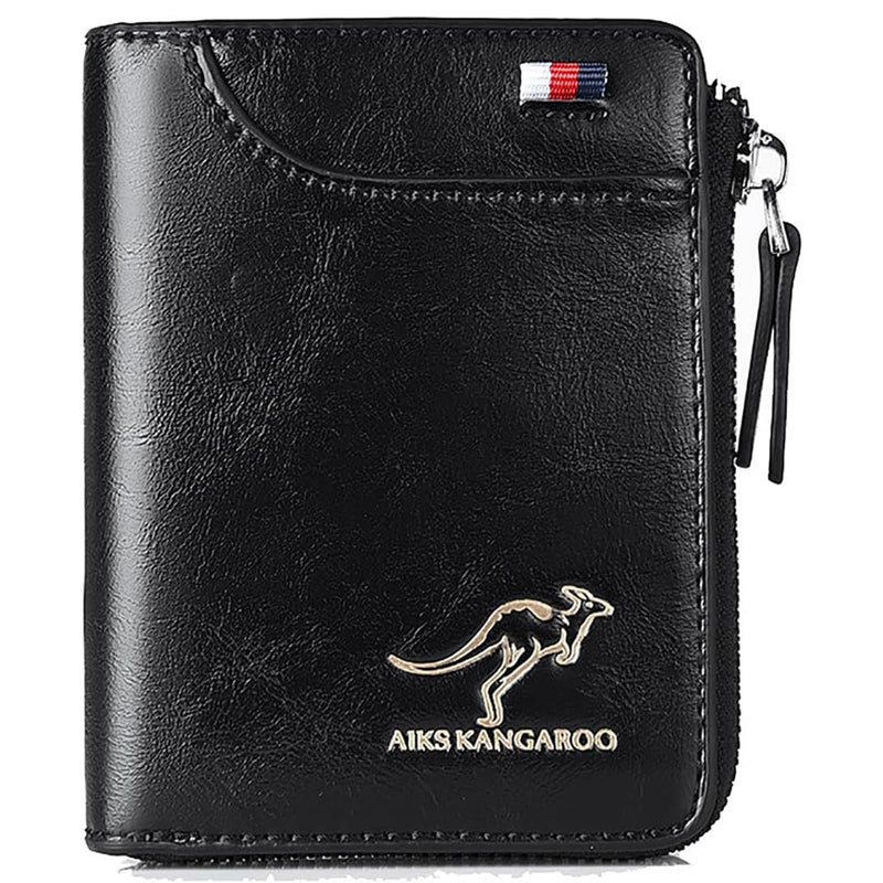 Men Wallet Zipper Genuine Leather Purs, Aiks Kangaroo Wallets, PU Stylish Soft Simple Design RFID Protected Wallet (Retro Black)