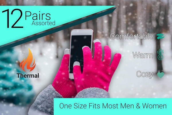 12 Pairs Winter Gloves, Adult Warm Knit Unisex Stretchy Bulk Pack Mens Womens Magic Glove 12 Pairs Touch Screen Assorted