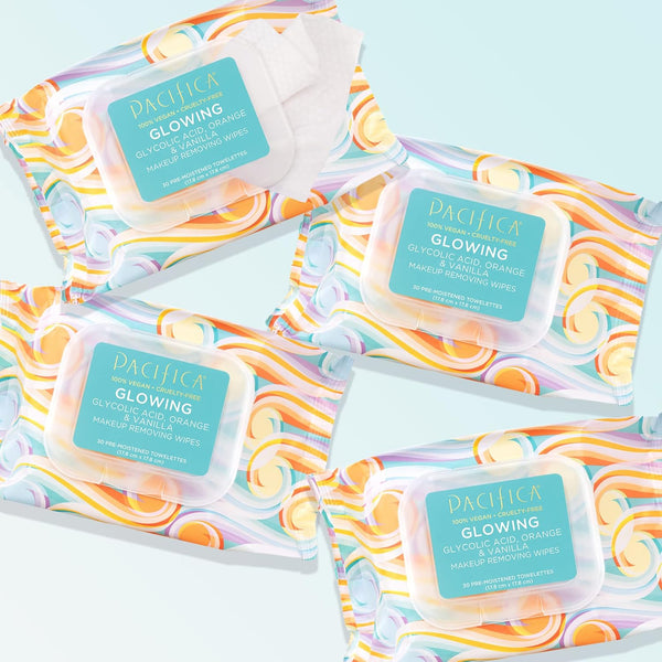 Pacifica Beauty | Glowing Makeup Remover Wipes | Gycolic Acid, Coconut Water, Aloe Infused | Daily Cleansing + Exfoliating | Clean Skin Care |