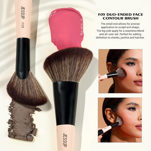 Jessup Face Makeup Brushes 3pcs Double Ended Makeup Brush Set for Foundation Contour Blush Highlight and Powder, Premium Synthetic Make up Brushes