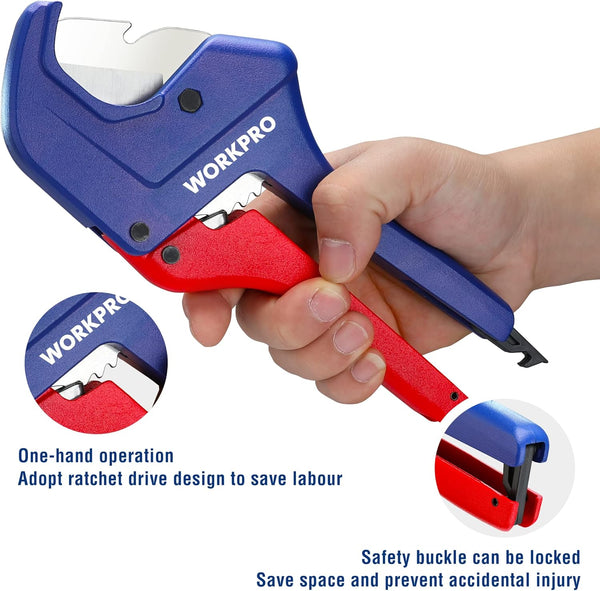 WORKPRO Ratchet PVC Pipe Cutter, Up to 1-5/8", Plastic Pipe and Tubing Cutter for PEX, PVC, PPR, and Plastic Hoses, High-quality Aluminum