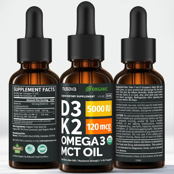 (2 Pack) Organic Vitamin D3 K2 Drops with MCT Oil & Omega 3 - Liquid Vitamin D3 5000 IU - K2 D3 Vitamin Supplement - Vitamin D Drops for Women &