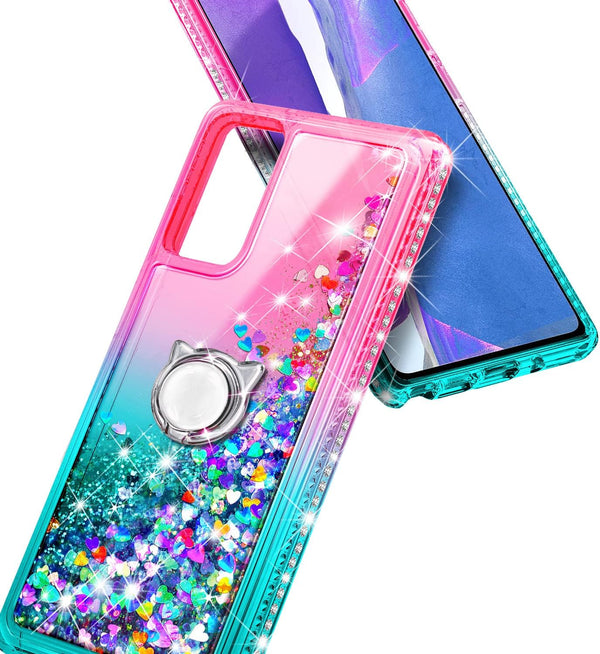 NZND Case for Samsung Galaxy A03S with Tempered Glass Screen Protector (Maximum Coverage), Ring Holder/Wrist Strap, Glitter Liquid Floating