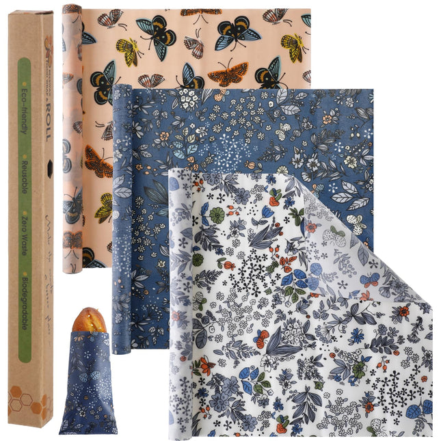 Moukeren 3 Rolls Beeswax Wraps for Food Assorted Organic Cotton Reusable Beeswax