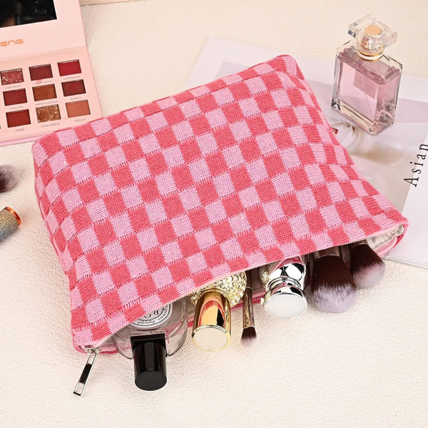SOIDRAM 2 Pieces Makeup Bag Large Checkered Cosmetic Bag Capacity Canvas Mix Travel Toiletry Bag Organizer Cute Makeup Brushes Aesthetic
