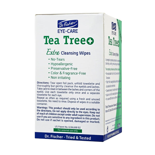 Dr. Fischer Tea Tree Oil Eye Wipes - Eyelid Wipes for Sensitive Eyes with Hyaluronic Acid and Chamomile, Makeup Remover, Daily Cleanser (30 wipes)