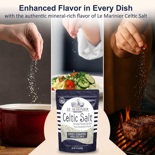Le Marinier Celtic Salt Organic Grey Coarse, 1.1lb - 18oz. Mineral Rich 100% Natural and Unrefined French Sea Salt Organic. Hand Harvested Mineral