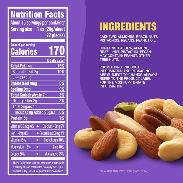 PLANTERS Deluxe Unsalted Mixed Nuts, Plant Based Protein, 15.25 Oz (1 Ct) Unsalted 15.25 Ounce (Pack of 1)