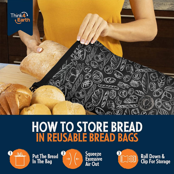 THINK4EARTH® Premium Black Reusable Bread Bags for Homemade Bread – Durable & Washable (2 Pack) Black Bread Bag 2 Pack