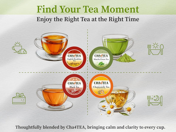 Cha4Tea 100-Count Variety Pack Tea, Compatible with Keurig Brewers, Includes Green, Black, Jasmine, Earl Grey, English Breakfast, Oolong,
