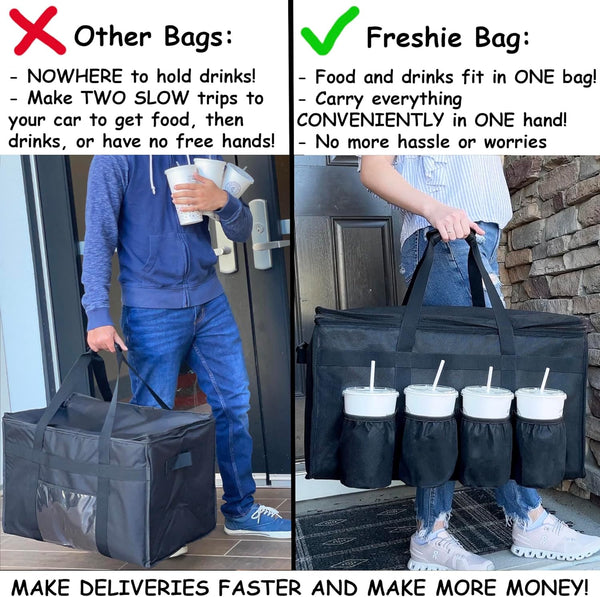 FRESHIE Insulated Food Delivery Bag with Cup Holders/Drink Carriers Premium, for Doordash, Uber Eats, Grubhub, Pizza Bag, Catering, Beverage,