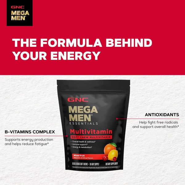 GNC GNC Mega Men Soft Chew Multivitamin for Men | Energy & Metabolism Support | Gluten Free | Mixed Fruit | 60 Count