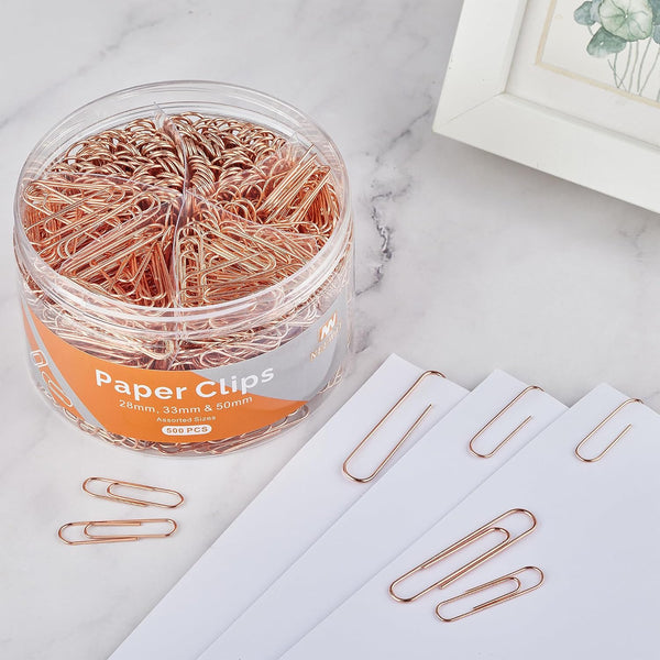 NEEWAY 500pcs Rose Gold Paper Clips Assorted Sizes Small, Medium and Large Paperclips for Paperwork Ideal for Home, School and Office Use