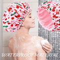Shower Cap for Women Terry Lined Bath Cap Large Reusable Waterproof Elastic Band Pink Cherry Shower Caps for Long Thick Hair Soft Bath Shower Hair