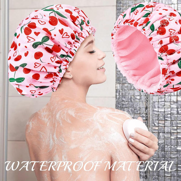 Shower Cap for Women Terry Lined Bath Cap Large Reusable Waterproof Elastic Band Pink Cherry Shower Caps for Long Thick Hair Soft Bath Shower Hair