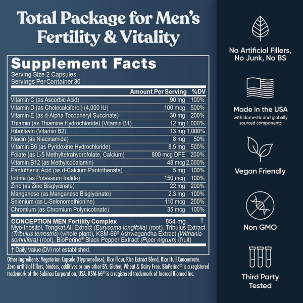 Eu Natural Conception for Him - Male Fertility Supplements with Ashwagandha, Folate & Zinc - Sperm Count, Motility & Strength Support - Fertility