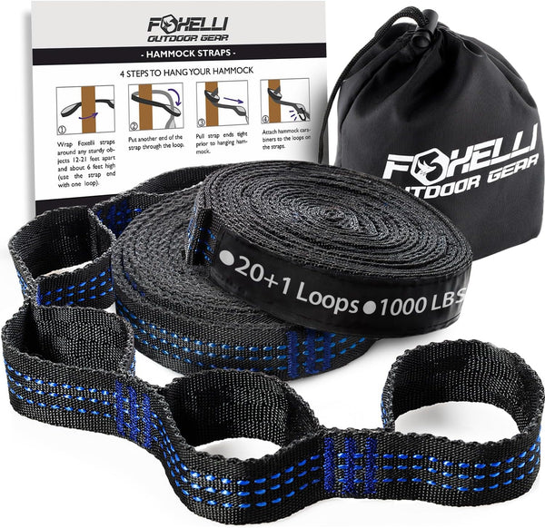 Foxelli XL Hammock Straps - Extra Long 20FT Heavy Duty No-Stretch Suspension System, 40+2 Loops, 2000 LBS Capacity, for Indoor/Outdoor Use â Set