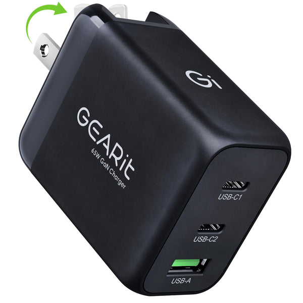 GEARit 65W USB C Charger Block, GaN 3-Port Foldable Fast Wall Charger | Type-C PD 3.0 & PPS fast charging, 2 USB-C + 1 USB-A, for MacBook Pro/Air,