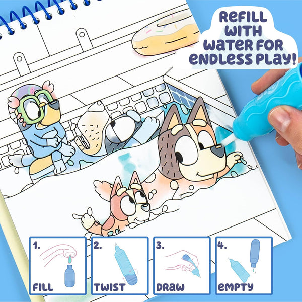 Horizon Group USA Bluey Aqua Art - Reusable Water Reveal Activity Pages with Water Pen for No-Mess Drawing and Coloring