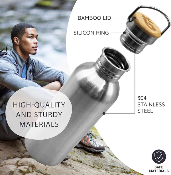 Bambaw Stainless Steel Single Wall Water Bottle, 24 oz, 750 ml, Reusable, Leakproof, Dishwasher Safe, BPA Free, Ideal for Travelling, Hiking, Yoga