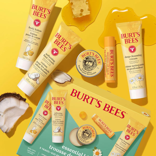 Burt's Bees Mothers Day Gifts Ideas - Essentials Everyday Set, 5 Travel Size Products - Deep Cleansing Cream, Hand Salve, Body Lotion, Foot Cream