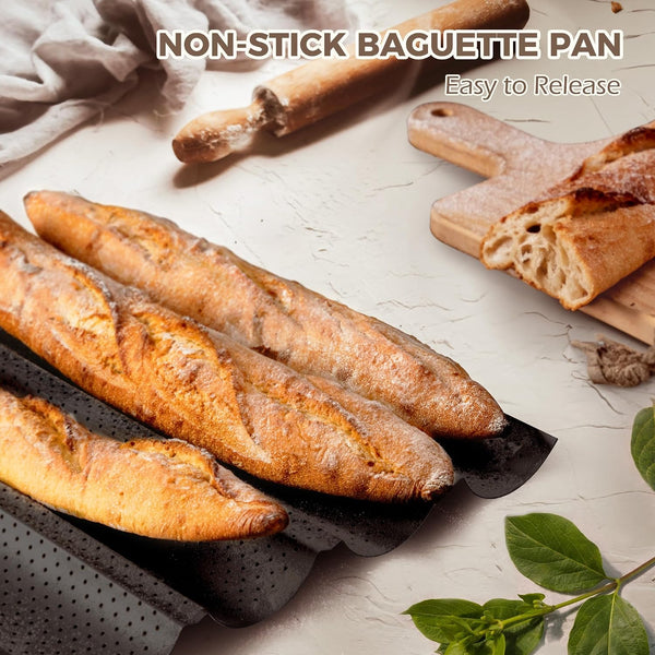 KITESSENSU Nonstick Baguette Pans for French Bread Baking, Perforated 2 Loaves Baguettes Bakery Tray, 15" x 6.3", Silver Bright Silver 2Loaf 15" x