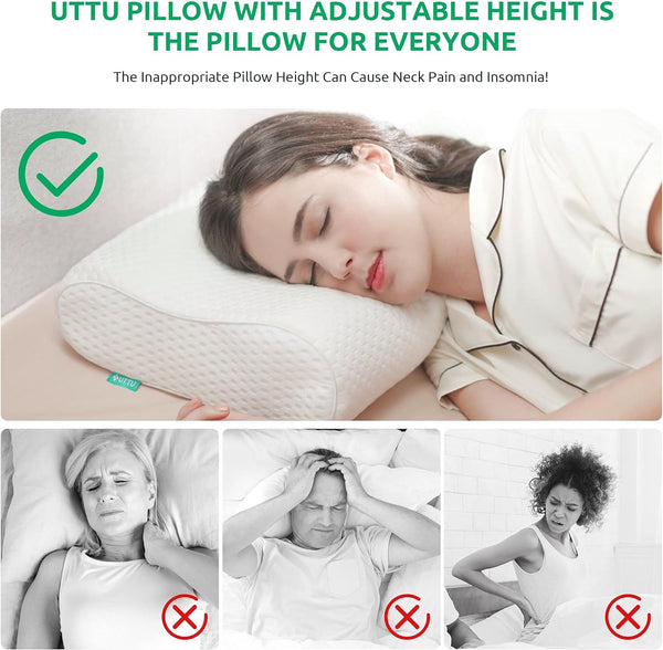 UTTU Cervical Pillow for Neck Strain Relief, Memory Foam Neck Pillow for Sleeping, Adjustable Orthopedic Sandwich Pillow, Contour Cooling for Side