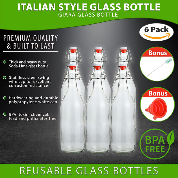 Flip Top Glass Bottle [1 Liter / 33 fl. oz.] [Pack of 6] – Swing Brewing with Stopper for Beverages, Oil, Vinegar, Kombucha, Beer, Water, Soda,