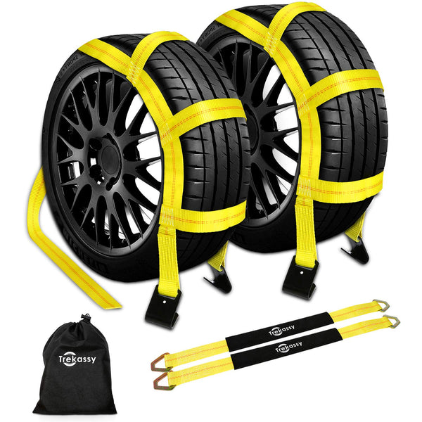 Trekassy Tow Dolly Straps for Car with Flat Hooks-2 Pack, Heavy Duty Car Tire Bonnet Net Fits 14"-17" Tires, 10, 000 Lbs Break Strength, Includes