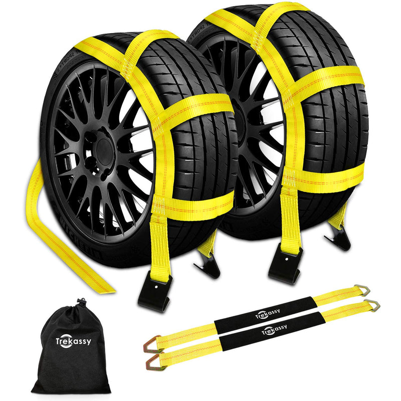 Trekassy Tow Dolly Straps for Car with Flat Hooks-2 Pack, Heavy Duty Car Tire Bonnet Net Fits 14"-17" Tires, 10, 000 Lbs Break Strength, Includes