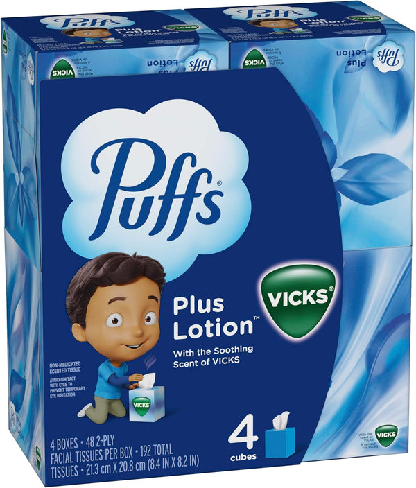 Puffs Plus Lotion with Vicks Facial Tissues, 4 Cubes, 48 Tissues per Box (192 Tissues) [Packaging May Vary] 48 Count (Pack of 4)
