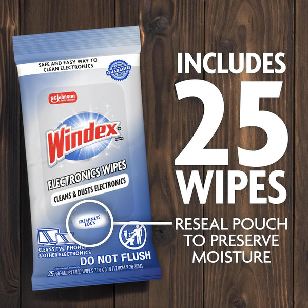 Windex Electronic Cleaning Wipes, Pre-Moistened Screen Wipes for Tvs, Phones, and Other Electronics, Resealable for a Freshness Lock, 25 Count
