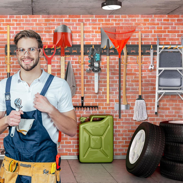 Garden Tool Organizer Wall Mount - Garage Storage and Organization Yard Tool Hanger with Adjustable Pegboard Hooks Shed Rack for Broom Mop Shovel