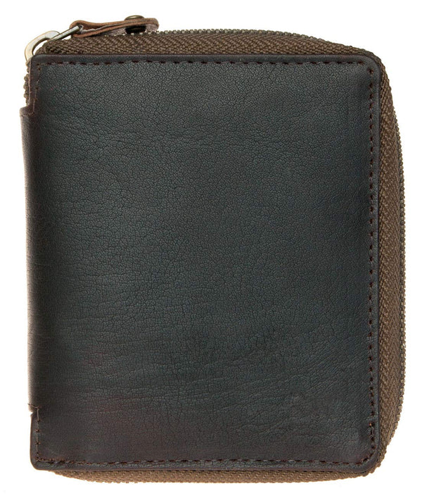 FLW Small Strong Oiled Genuine Leather Wallet with Metal Zipper around without Logos