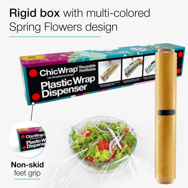 Chicwrap Spring Flowers Refillable Plastic Wrap Dispenser - One 12" x 250' Roll of Professional Grade Plastic Wrap - BPA Free and Kosher Certified