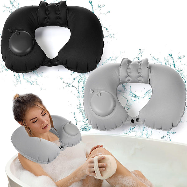 2 Pcs Inflatable Bath Pillows for Tub Bath Head and Neck U Shaped Blow up Full Body Travel Pillow with Adjustable Button Grey and Black Bath Tub
