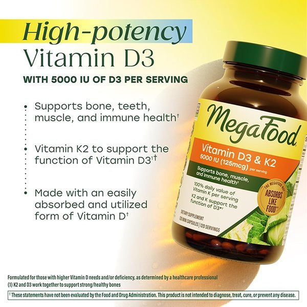 MegaFood Vitamin D3 & K2 5000 IU (125 mcg), 60 Mini Capsules 60 Count (Pack of 1)