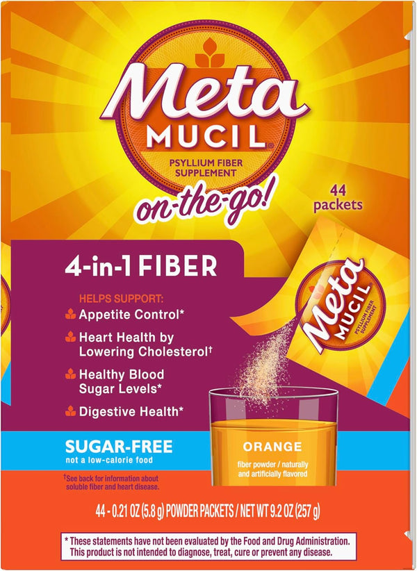 Metamucil On-The-Go, Daily Psyllium Husk Powder Supplement, Sugar-Free Powder, 4-in-1 Fiber for Digestive Health, Orange Flavored Drink, 44