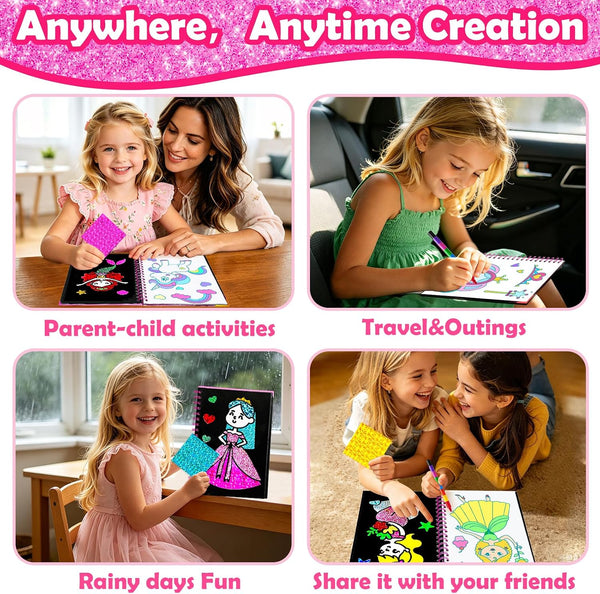 FUNNYB&G Foil Art Craft Kit for Girls 4-10 Years Old: Mess-Free & No-Glue, Create 16 Sparkly Princess Unicorn Pictures – Perfect Travel Toy &