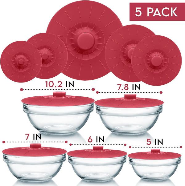 Silicone Bowl Lids Red, Set of 5 Reusable Suction Seal Covers for Bowls, Pots, Cups. Food Safe Natural Grip, Interlocking Handles for Easy Use and