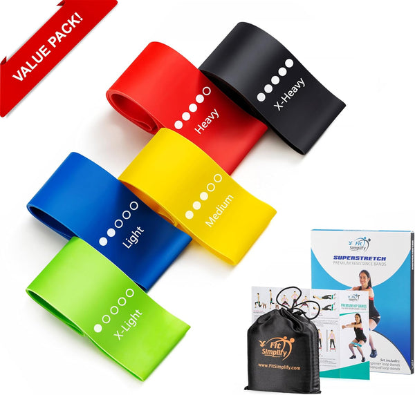 Fit Simplify Resistance Loop Exercise Bands with Instruction Guide and Carry Bag, Set of 5 Assorted