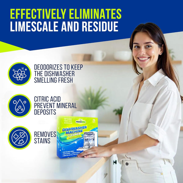 Dishwasher Cleaner and Deodorizer Tablets 26-Pack, Deep Cleaning Descaler for Dishwasher Machine, Heavy Duty, Septic Safe, Removes Grease &