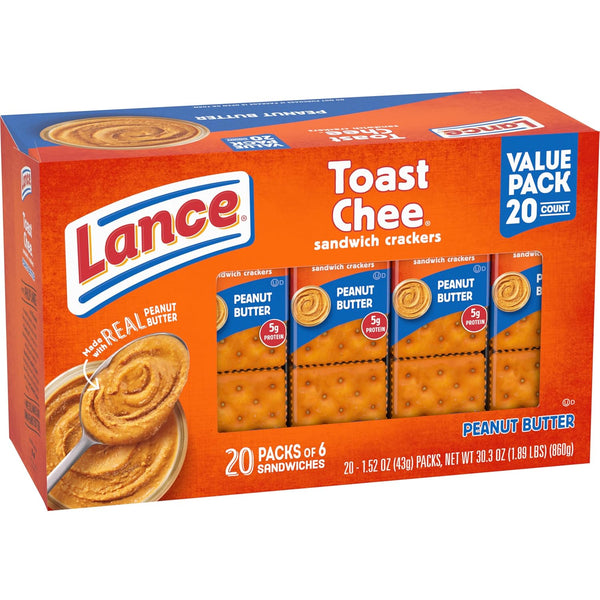 Lance Sandwich Crackers, ToastChee Peanut Butter, 20 Individually Wrapped Packs, 6 Sandwiches Each Toastchee Peanut Butter 1.52 Ounce (Pack of 20)