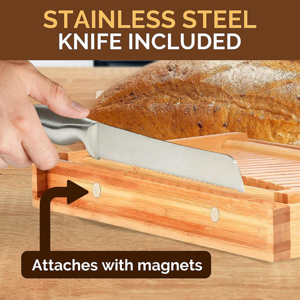 Bread Slicer for Homemade Bread - Bamboo Bread Slicer with Knife, Foldable Bread Slicing Guide with 3 Adjustable Thickness, Crumb Tray, Bread