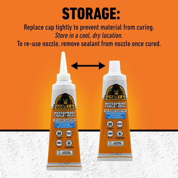Gorilla 100% Silicone Caulk, Waterproof Sealant, 2.8oz Squeeze Tube (Pack of 2) – White -10 Year Mold Resistant Kitchen, Window, Bath, Marine,