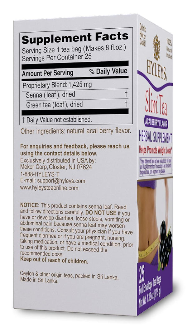 Hyleys Slim Tea Acai Berry Flavor - Weight Loss Herbal Supplement Cleanse and Detox - 25 Tea Bags (1 Pack)