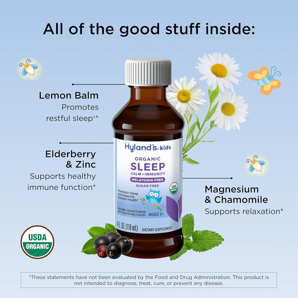 Hyland'S Kids Melatonin-Free Organic Sleep Calm and Immunity Liquid, Sugar-Free, Promotes Sleep and Supports Immune Health, Ages 2 and Up, Grape