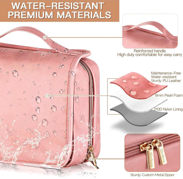 Elviros Hanging Travel Toiletry Bag for Women, 3-in-1 Large Makeup Bag and Cosmetic Organizer, Vegan Leather Waterproof Skincare Case for Travel